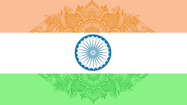Indian flag background with animated traditional mandala ornaments and Ashoka Chakra