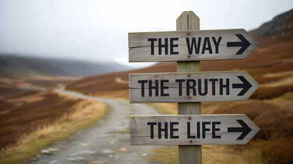 Spiritual road sign with the way the truth and the life message in peaceful countryside landscape