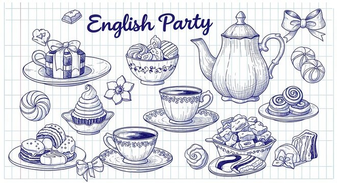 Elegant English Tea Party Sketch with Desserts and Teacups.