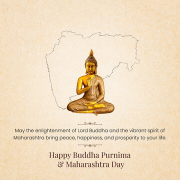 Happy Buddha Purnima & Maharashtra Day, Maharashtra Sketch Map with Buddha Statue