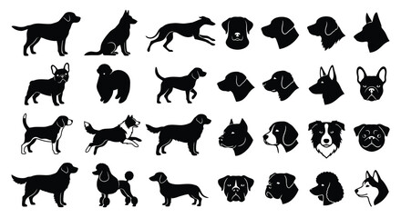 Collection of various dog breeds represented as black silhouette icons © Tanmoy