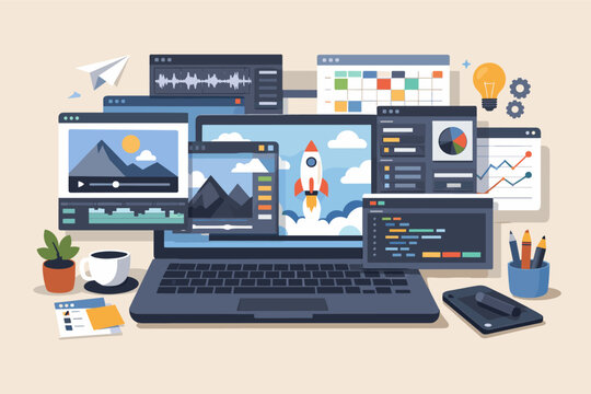 Flat vector illustration of a laptop with multiple cascading windows showing diverse tasks like coding, video editing, data analytics, and project management, symbolizing productivity and workflow.