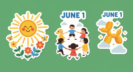 Obraz premium Joyful June First Celebration with Cheerful Sun, Children, and Balloon.