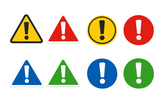Set of Exclamation Mark Warning Signs in Various Colors and Shapes, Including Yellow, Red, Blue, and Green Triangles and Circles. Flat Vector Illustration for Safety, Alert, Caution, and Hazard.