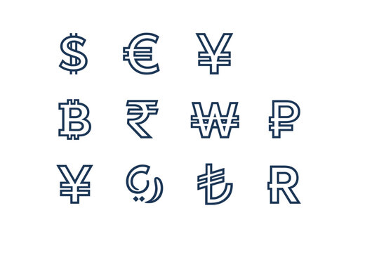 Set of World Currency Symbols and Financial Icons with Editable Stroke Line Art, Including Dollar, Euro, Yen, Pound, Bitcoin, Rupee, Won, Ruble, Lira, Rial, and Rand for Global Business and Banking.