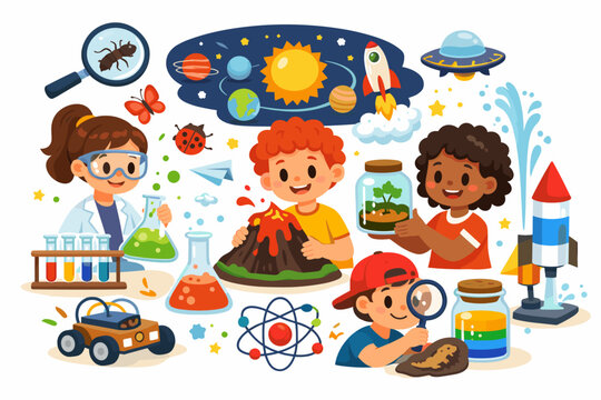 Diverse Children Engaging in Fun Science Experiments and Discoveries, Including Chemistry, Space Exploration, Robotics, Biology, and Geology in a Vibrant Flat Vector Illustration.