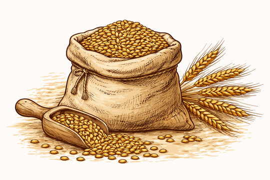 Hand drawn vector illustration of a burlap sack full of organic wheat grains with a wooden scoop and stalks of wheat, vintage sketch for bakery, bread baking, agriculture, and harvest concept.