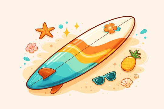 Colorful hand drawn surfboard on sand with starfish pineapple sunglasses and seashells. Perfect for summer vacation travel and surfing themed designs. Vibrant tropical vector illustration.