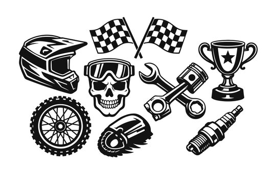 Motocross and motorcycle racing tattoo flash set featuring skull with goggles, helmet, checkered flags, trophy cup, crossed wrench and piston, off-road tire, and spark plug vector icons.