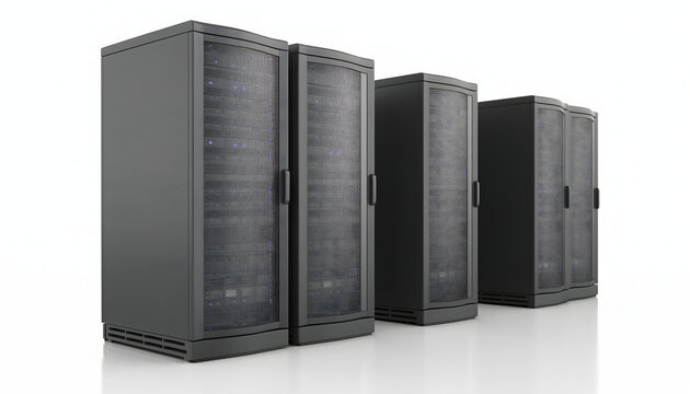 Rows of modern black data center server racks, 3D rendering isolated on white background. Concept of cloud computing infrastructure, big data storage, and information technology network security.