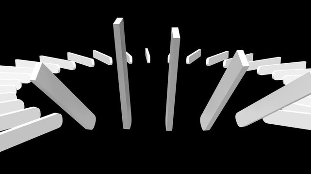 A seamless 4K loop showing 3D white bars (like rectangular fingers) in a circular array, rotating and pivoting on a black background. High contrast geometric motion.