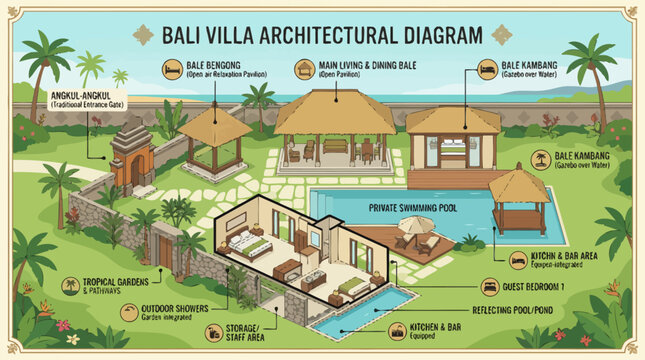 Bali Villa Architectural Diagram Illustration.