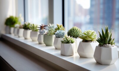 Fototapeta premium Succulent plants in white geometric pots line window ledge