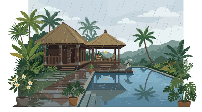 Tropical hut by the pool side.