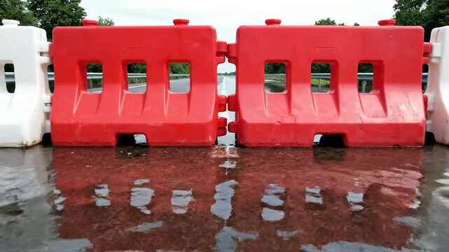 Red and white plastic barriers in a river. Floating barricades for water management and flood control