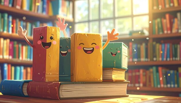 Cheerful anthropomorphic books with arms wave joyfully in a sunny library