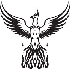 Fototapeta premium The legendary phoenix, a symbol of rebirth and renewal, rises triumphantly from flames in a dynamic illustration, its detailed form rendered in bold, clean lines. 
