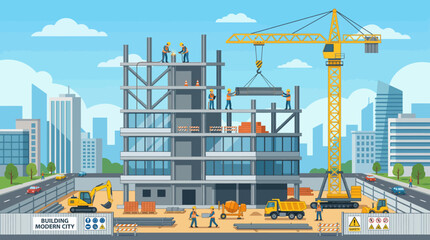 Fototapeta premium Construction site with crane and workers.