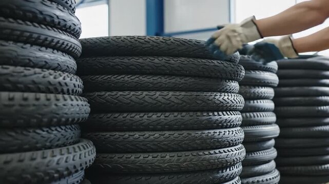 Worker in gloves and yellow overalls stacking new black bicycle tires in a manufacturing warehouse. Manual labor and inventory organization in a cycling equipment factory