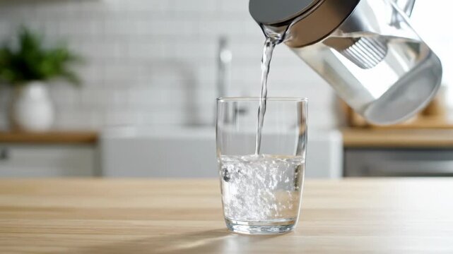 Person pouring filtered water from a pitcher into a glass. Clean drinking water in a modern kitchen. Hydration and health concept