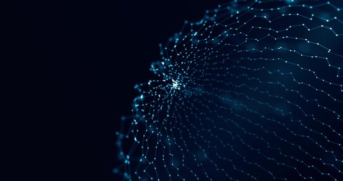 Abstract blue futuristic sphere made of lines and dots slowly rotating. Digital data connection technology concept on a dark background