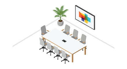 Fototapeta premium An isometric view of a professional conference room features a long white meeting table, grey office chairs, and a large digital display screen setup.