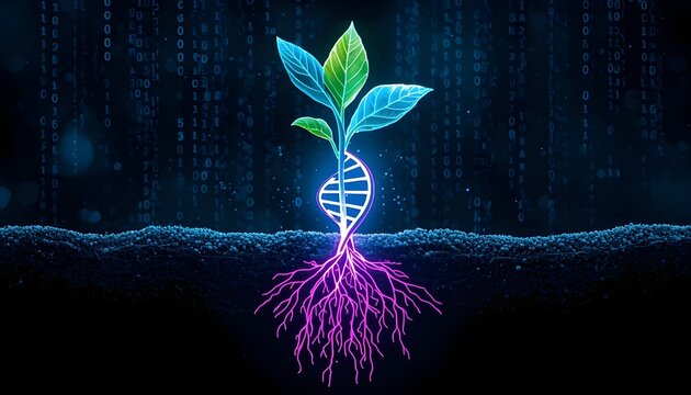 A vibrant plant with glowing DNA roots grows in a digital soil with code background