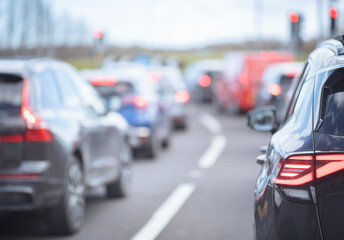Fototapeta premium Traffic jam congestion with rows of cars on highway in rush hour
