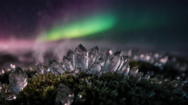 オーロラ光を受ける氷の結晶・北極の地面霧マクロ映像4K