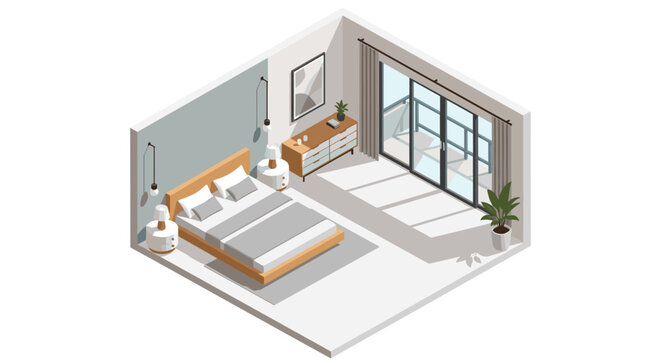 A serene isometric bedroom interior showcases a comfortable wooden bed with gray linens positioned next to a large sliding glass door leading to a balcony.