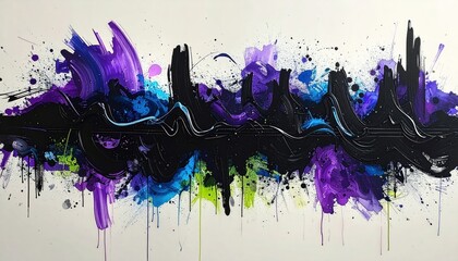 Fototapeta premium Abstract paint streaks of dark lines with splattered colorful hues on white