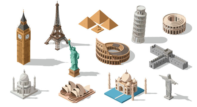 A diverse collection of iconic world landmarks including the Eiffel Tower and Great Wall of China are rendered in a consistent isometric 3D style.