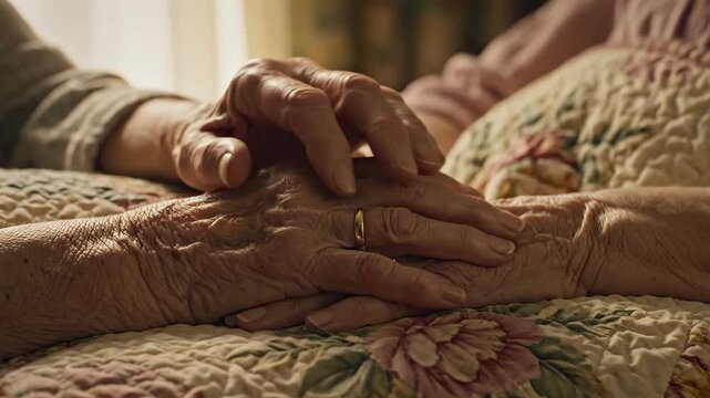 Two elderly hands rest intertwined on patterned fabric, still and close together in a deeply tender and human moment of enduring connection.