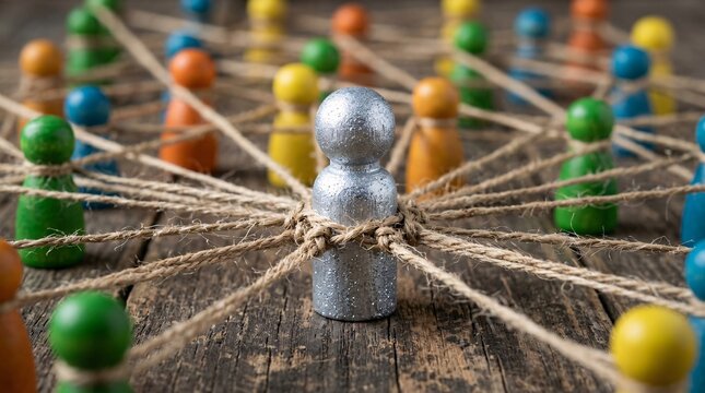 Conceptual network of small wooden peg figures connected by rustic twine features a prominent sparkling metallic silver central character.