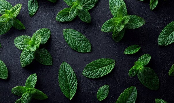 Mint plant leaves, fresh green, spread on black background
