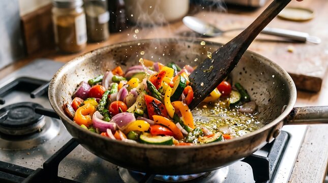 Cooking vegetables, saut&eacute;ed colorful peppers, onions, zucchini in a pan, healthy eating, kitchen