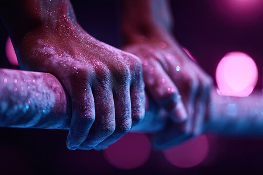 Hands grip parallel bars firmly in a competition setting. The athlete's hands are covered in chalk as bright lights create an energetic atmosphere. The focus is on strength and skill