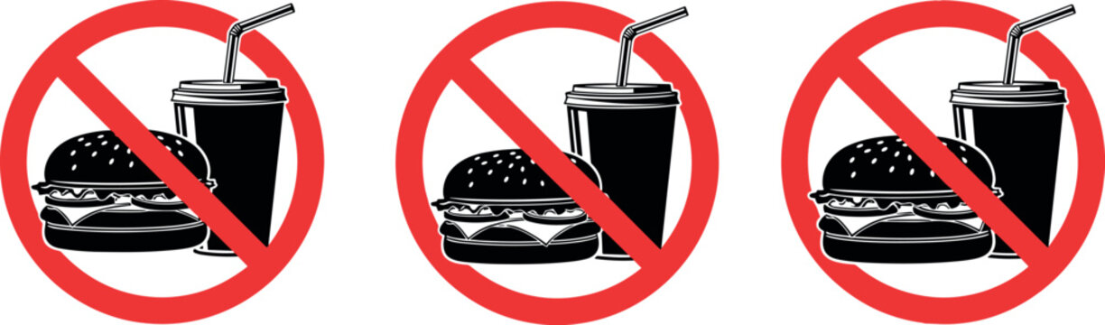 No Food and Drink Prohibition Sign Set with Burger and Soda Cup Inside Red Crossed Circle in Three Sizes for Warning Label Vector Design