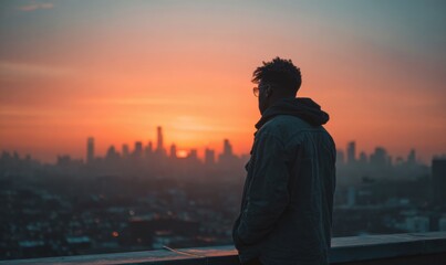 Fototapeta premium Silhouetted man overlooks city during golden hour sunset