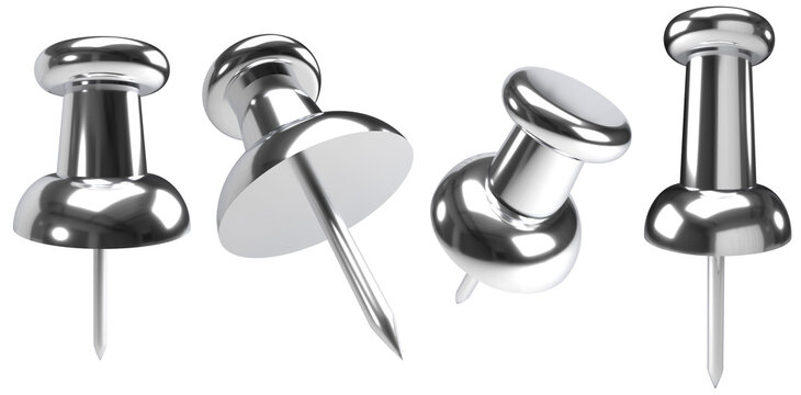 3d chrome silver push pin png isolated