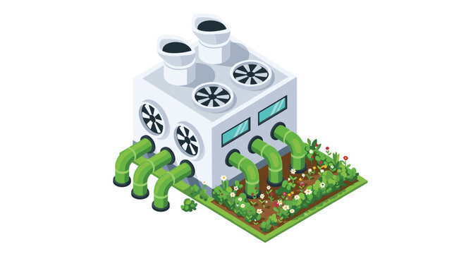A modern white industrial cooling facility featuring prominent green pipes and rotating fans is integrated with a lush blooming flower bed in isometric perspective.