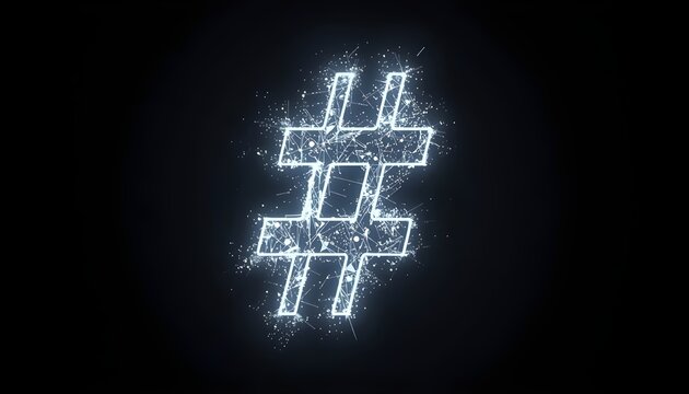 A glowing white hashtag symbol made of sparkling particles on a dark background