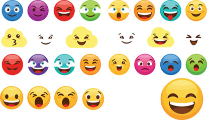 Fototapeta premium Colorful emoji faces collection with different emotions including happy, laughing, angry, sad and surprised expressions cartoon vector illustration set