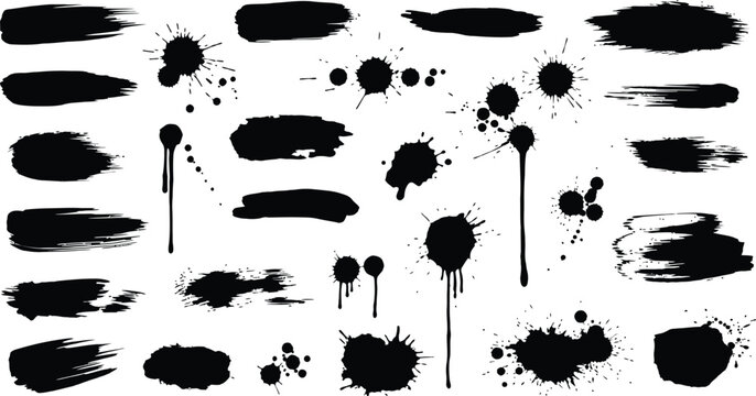 Collection of Black Ink Splatter and Brush Stroke Elements on White