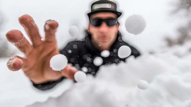 Man reaching for snowballs in snowy environment with transparent background