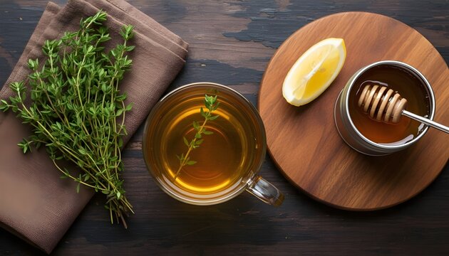 Fresh thyme tea in glass cup, bunch of herb, honey and lemon on wooden table, flat lay. Space for text, Natural & Wellness