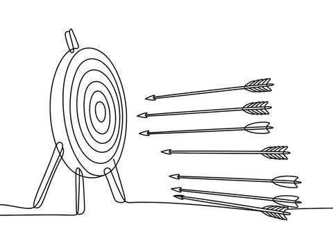 Continuous one line drawing arrows stuck in ground missing target pad practice accuracy failure archery day vector illustration