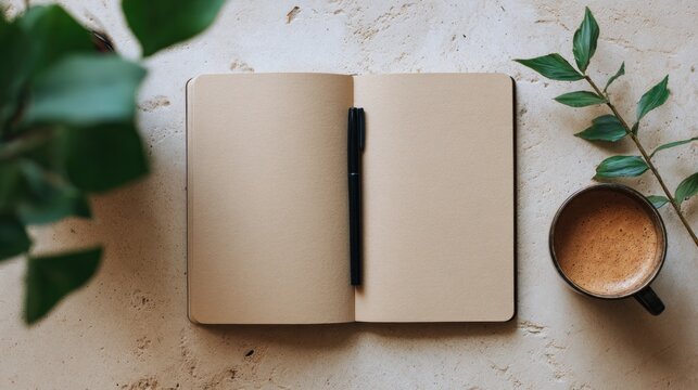Open notebook with pen coffee cup and plant arranged on a neutral background