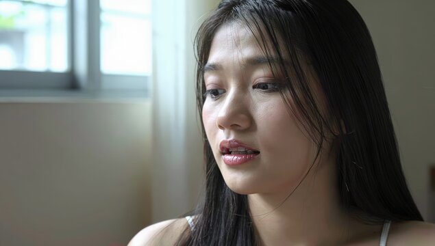 Asian woman suffering from Anemia feeling dizzy and vertigo , weakness and shortness of breath