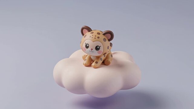 Cute Cartoon Leopard Toy on Pink Cloud, Adorable Animal Character Animation